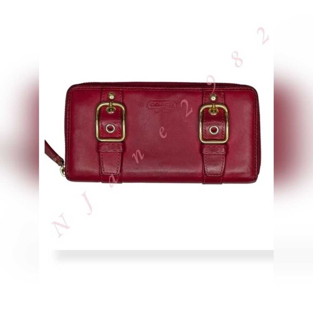 Coach Zoe Vintage Red Leather Zip Wallet Buckles Accordion Organizer EST 1941